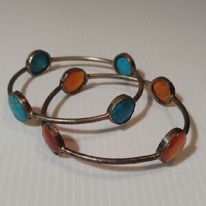 Pair Of Turquoise And Carnelian Bangle Bracelets Most Likely Brass Metal
